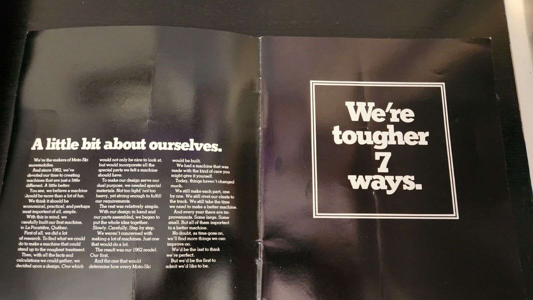 Rare 1971 Moto Ski  -We're tougher 7 ways'-   8,5 in X 9,25 in 16 pageGet your hands on this Moto SKI vintage snowmobile booklet from 1971 ! 
Features  the  ''We're tougher 7 ways'' campaign ad for 1971 and complete line up for 1971 wiChas Vintage ShopRare 1971 Moto Ski -