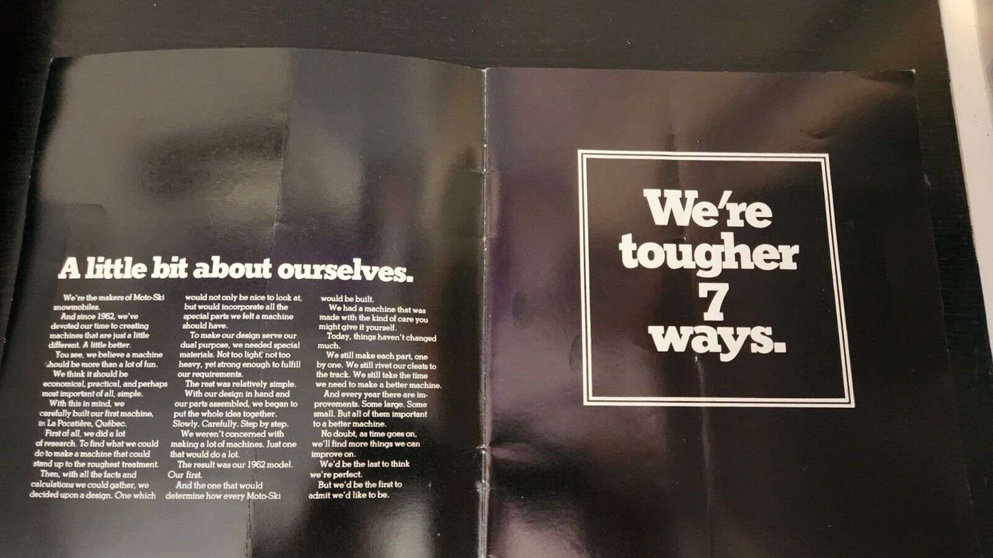 Rare 1971 Moto Ski  -We're tougher 7 ways'-   8,5 in X 9,25 in 16 pageGet your hands on this Moto SKI vintage snowmobile booklet from 1971 ! 
Features  the  ''We're tougher 7 ways'' campaign ad for 1971 and complete line up for 1971 wiChas Vintage ShopRare 1971 Moto Ski -