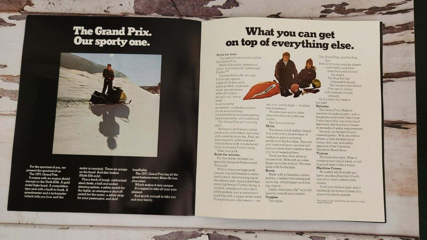 Rare 1971 Moto Ski  -We're tougher 7 ways'-   8,5 in X 9,25 in 16 pageGet your hands on this Moto SKI vintage snowmobile booklet from 1971 ! 
Features  the  ''We're tougher 7 ways'' campaign ad for 1971 and complete line up for 1971 wiChas Vintage ShopRare 1971 Moto Ski -