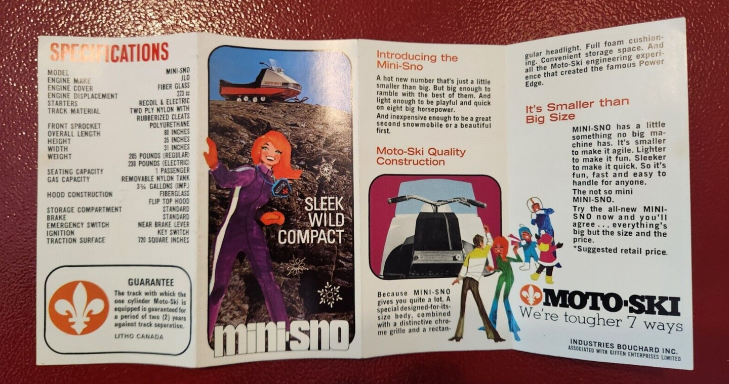 1971 Moto Ski Mini Sno model vintage snowmobile leaflet 3 X6 unfold WOOOOOOWWWWGet your hands on this Moto SKI MINI SNO vintage snowmobile leaflet from 1971!
This double side -page lealet, measure 3 inches by 6 inches when folded anChas Vintage Shop1971 Moto Ski Mini Sno model vintage snowmobile leaflet 3 X6 unfold 12 inches