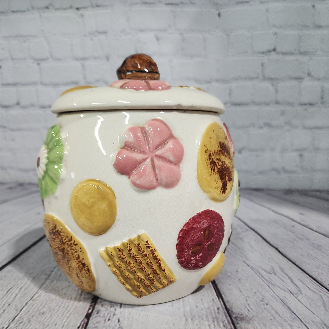 1950's Cookies All Over Cookie Jar by Napco Vintage cookie jar MCM cooA Napco Ceramic Japan vintage cookie jar The jar measures 6" high with a 5" openingTogether with the lid it is approx 8" tall.The cover has a walnut knob with 4 cookChas Vintage ShopNapco Vintage cookie jar MCM cookie jar