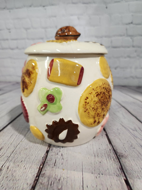 1950's Cookies All Over Cookie Jar by Napco Vintage cookie jar MCM cooA Napco Ceramic Japan vintage cookie jar The jar measures 6" high with a 5" openingTogether with the lid it is approx 8" tall.The cover has a walnut knob with 4 cookChas Vintage ShopNapco Vintage cookie jar MCM cookie jar