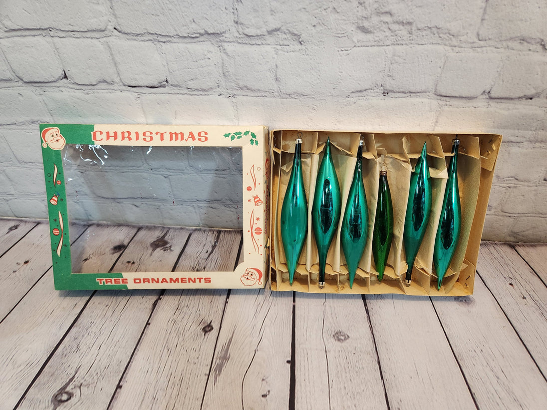 Green teardrop Christmas tree ornaments Christmas  vintage ornaments  Give your tree the perfect vintage charm !Set of 6 Brilliant Green Blown Glass Teardrop Ornaments in Original Box. The box has the cellophane window .5 Ornaments meaChas Vintage ShopGreen teardrop Christmas tree ornaments Christmas vintage ornaments Vintage Christmas Tree Decoration