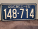 1945 Quebec licence plate. Vintage Quebec licence plate . Repaint1945 Quebec licence plate. Vintage Quebec licence plate . Repainted by a pro. Plate is flat and present very wellChas Vintage Shop1945 Quebec licence plate