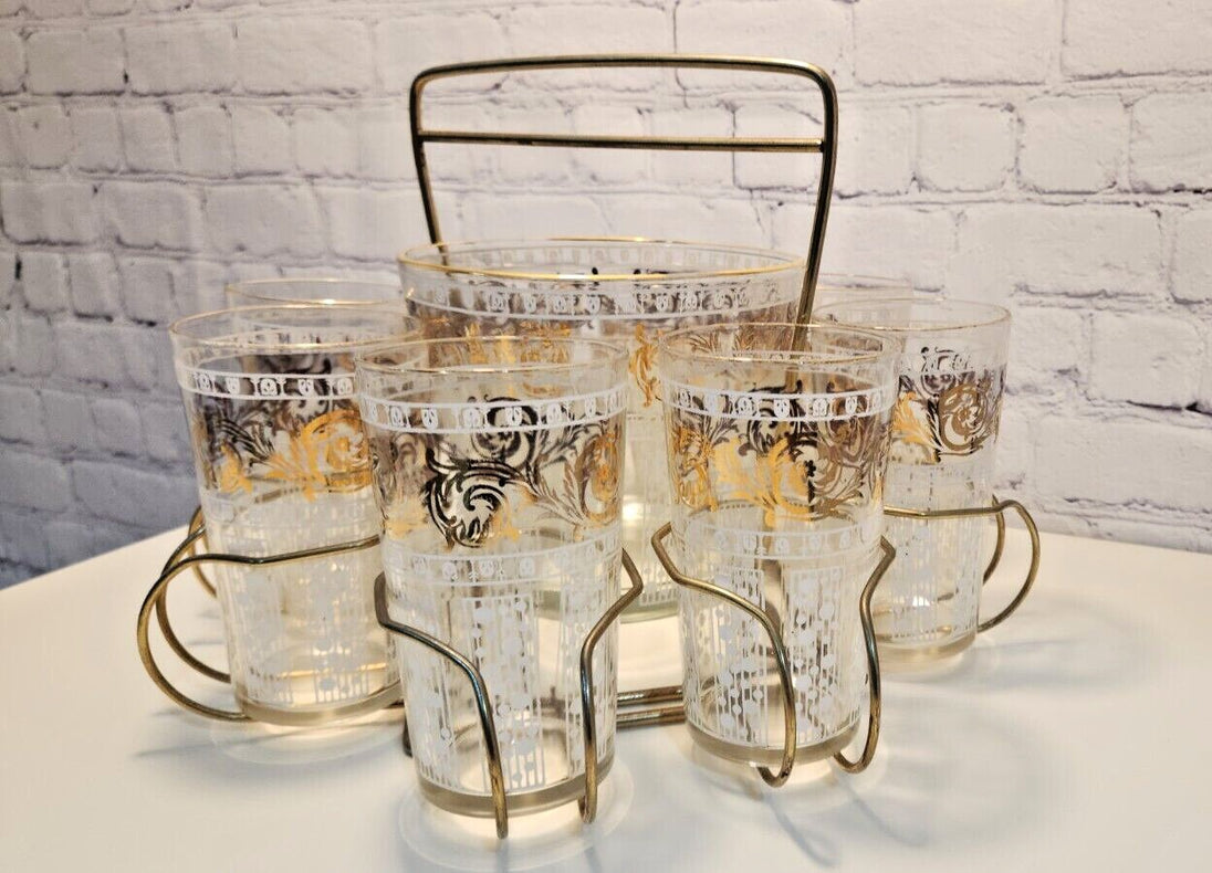 Mid century modern 8 glasses and ice bucket bar tray retro barware carAdd a touch of mid-century modern style to your bar with this beautiful glass bar tray. Thsi complete set comes with : 8 glasses , glass ice bucket and metal in goldChas Vintage Shopice bucket bar tray retro barware carrousel