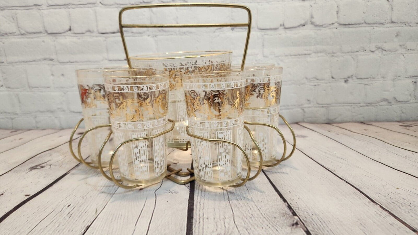 Mid century modern 8 glasses and ice bucket bar tray retro barware carAdd a touch of mid-century modern style to your bar with this beautiful glass bar tray. Thsi complete set comes with : 8 glasses , glass ice bucket and metal in goldChas Vintage Shopice bucket bar tray retro barware carrousel