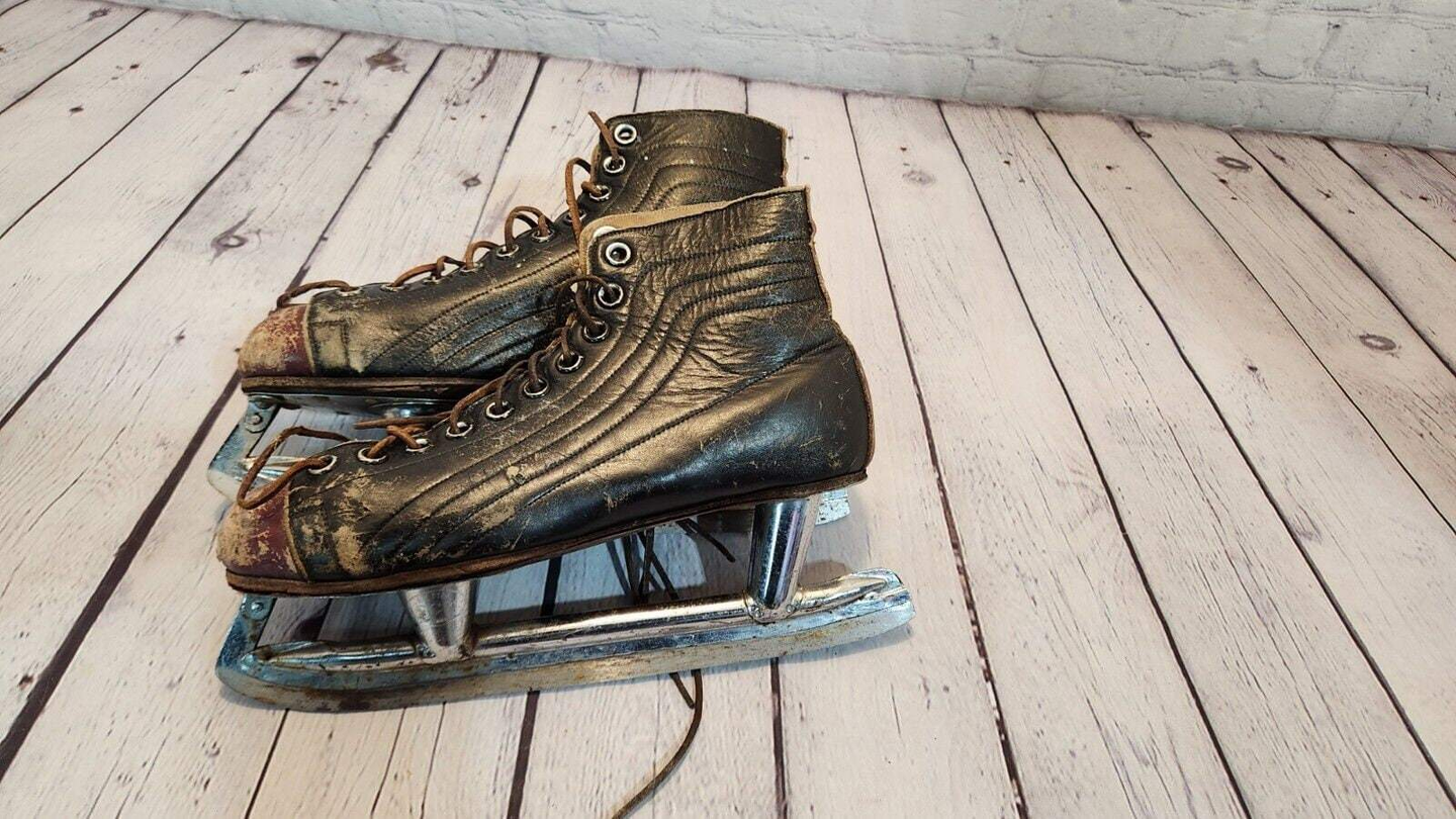 Antique  black ccm hockey skates size 11 leather 1930s  two tone vtg  Rare Vintage CCM Hockey Skates Size 11 two tone Leather from the 1930s  These classic skates are a piece of hockey history. Made by CCM in Canada, the brown leather Chas Vintage ShopAntique black ccm hockey skates size 11 leather 1930s