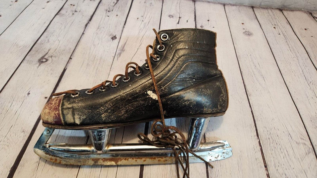 Antique  black ccm hockey skates size 11 leather 1930s  two tone vtg  Rare Vintage CCM Hockey Skates Size 11 two tone Leather from the 1930s  These classic skates are a piece of hockey history. Made by CCM in Canada, the brown leather Chas Vintage ShopAntique black ccm hockey skates size 11 leather 1930s