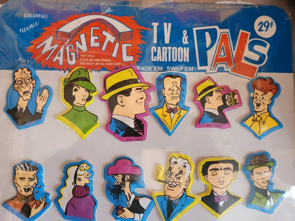 Dick  tracy sealed vintage magnetic tv & cartoon pals puffy stickers aAdd some vintage flair to your collection with these sealed Dick Tracy Magnetic TV & Cartoon Pals puffy stickers and display. This Hong Kong-made set features thChas Vintage ShopDick tracy sealed vintage magnetic tv & cartoon pals puffy stickers