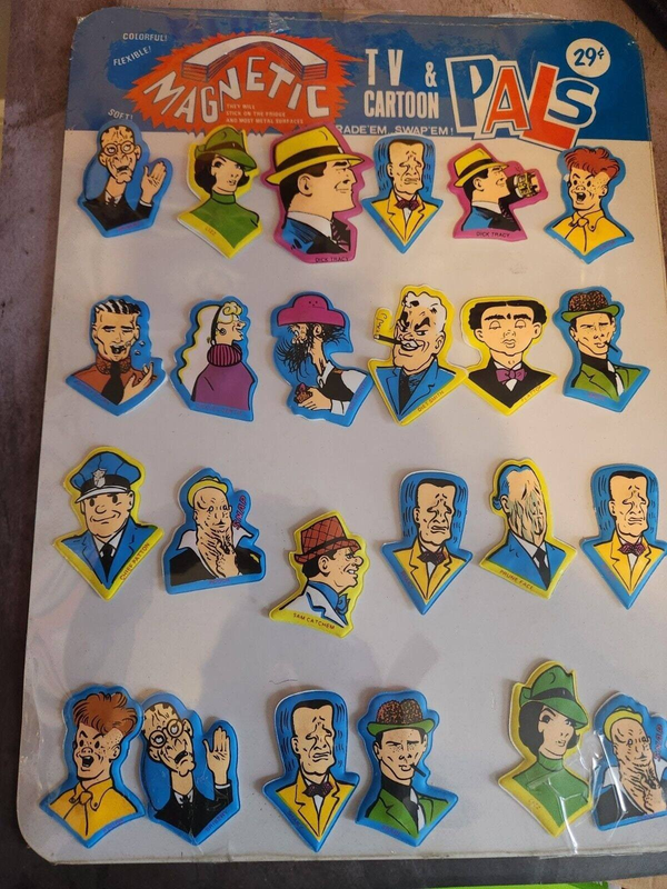 Dick  tracy sealed vintage magnetic tv & cartoon pals puffy stickers aAdd some vintage flair to your collection with these sealed Dick Tracy Magnetic TV & Cartoon Pals puffy stickers and display. This Hong Kong-made set features thChas Vintage ShopDick tracy sealed vintage magnetic tv & cartoon pals puffy stickers