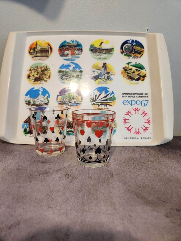 2 vintage schwartz mustard glass dominion glass  playing card poker drAdd some vintage flair to your poker night with these 2 Schwartz's Mustard Glass Dominion Glass drinking glasses. With a pattern of clubs and hearts, these low ball Chas Vintage Shop2 vintage schwartz mustard glass dominion glass playing card poker drink glass