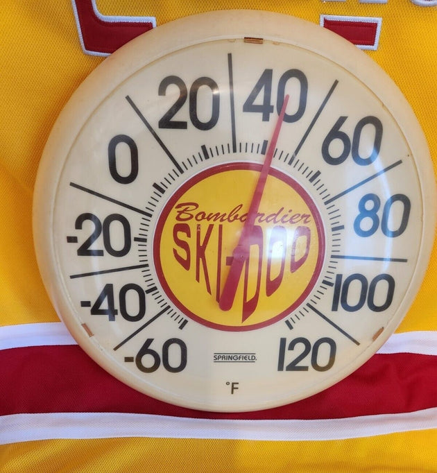 Ski doo vintage round advertising thermometer - bombardier vintage advThis vintage Ski Doo advertising thermometer from the 1960s is a perfect addition to any collection of vintage ski doo Bombardier memorabilia. The round thermometer Chas Vintage ShopSki doo vintage round advertising thermometer - bombardier vintage advertizing