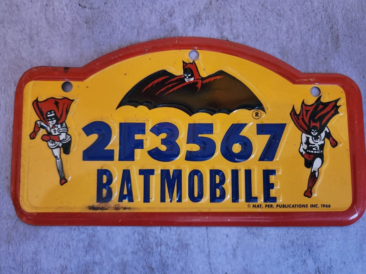 Original 1966 batman nat. publications batmobile bicycle license plateOriginal Batman licence plate for a bicycleMeasure 7.5 in X 4 inCool piece from original Batman TV seriesGreat survivor conditionChas Vintage Shoppublications batmobile bicycle license plate 2f3567