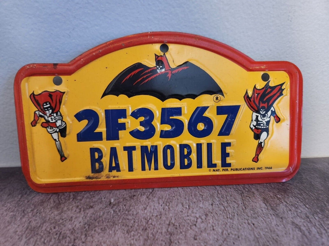 Original 1966 batman nat. publications batmobile bicycle license plateOriginal Batman licence plate for a bicycleMeasure 7.5 in X 4 inCool piece from original Batman TV seriesGreat survivor conditionChas Vintage Shoppublications batmobile bicycle license plate 2f3567