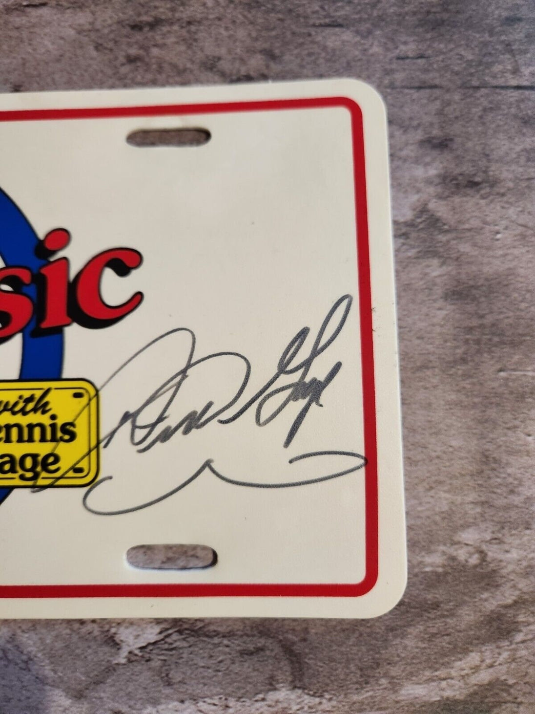 My classic car souvenir licence plate signed by dennis gage happy motoMy classic car souvenir licence plate signed by Dennis Gage Happy Motoring !This plasctic souvenir licence plate eas signed by Dennis Gage at some carevent. I have nChas Vintage Shopclassic car souvenir licence plate signed