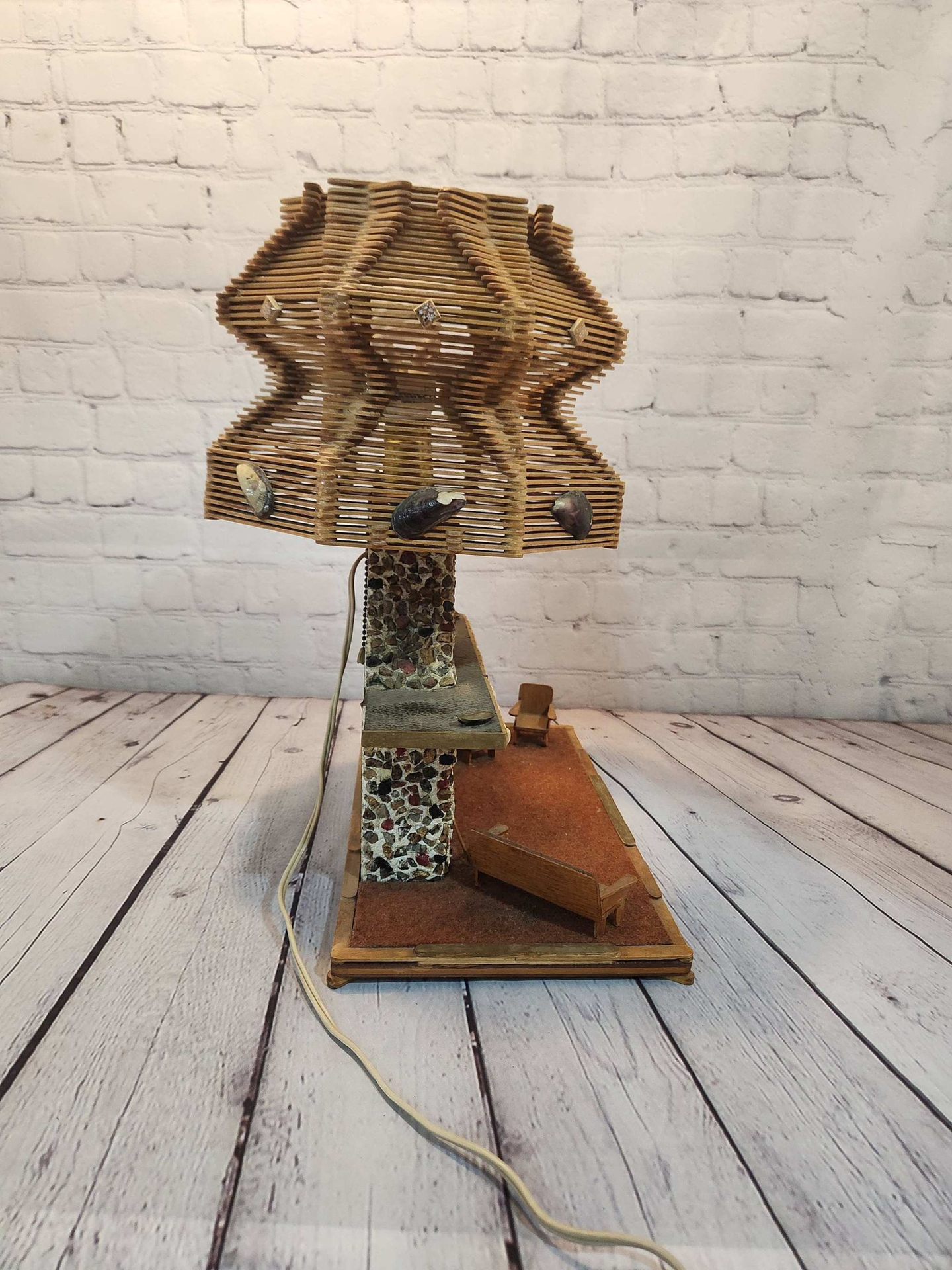 Vintage  tramp art fireplace lamp hobo lamp folk art lamp handmade lamThis Vintage Tramp Art Lamp and Shade will add a sweet cabin chic touch to anydecor.Wood lamp base adorned with large fireplaceShade is an iconic popsicle stick shadChas Vintage ShopVintage tramp art fireplace lamp hobo lamp folk art lamp handmade lamp vintage cabin chic handmade folk art lamp popsicle stick lamp