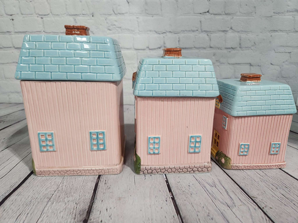 Set of 3 cute vintage ceramic pink cookie jar collectable pink cookie Set of 3 vintage ceramic pink cookie collectable Pink cookie jarsThese 3 cute jars have great color and Condition is very good.Only a few minorchips
Large jar dimensChas Vintage Shop3 cute vintage ceramic pink cookie jar collectable pink cookie jars