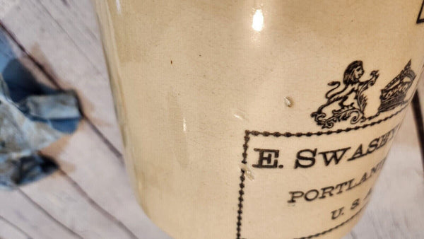 E. swasey co. portland maine 1 gallon brown beige  jug from 1800's earThis rare antique1 gallon jug from E. Swasey and CO is a true collector's item. This 1 gallon stoneware jug boasts a classic brown and beige colour scheme that exudeChas Vintage Shopportland maine 1 gallon brown beige jug