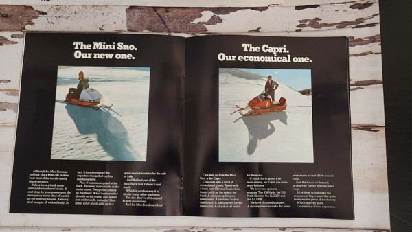 Rare 1971 Moto Ski  -We're tougher 7 ways'-   8,5 in X 9,25 in 16 pageGet your hands on this Moto SKI vintage snowmobile booklet from 1971 ! 
Features  the  ''We're tougher 7 ways'' campaign ad for 1971 and complete line up for 1971 wiChas Vintage ShopRare 1971 Moto Ski -