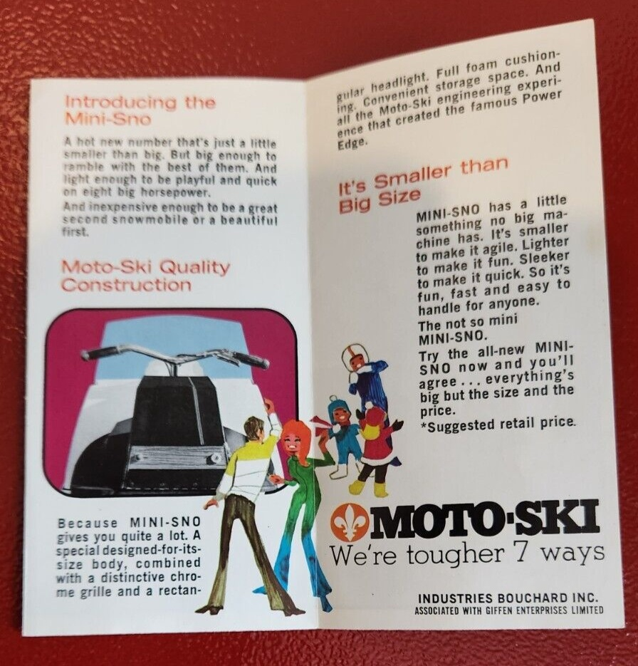 1971 Moto Ski  Mini Sno model vintage snowmobile leaflet  3 X6 unfold WOOOOOOWWWWGet your hands on this Moto SKI MINI SNO vintage snowmobile leaflet from 1971! 
This double side -page lealet, measure 3 inches by 6 inches when folded anChas Vintage Shop1971 Moto Ski Mini Sno model vintage snowmobile leaflet 3 X6 unfold 12 inches